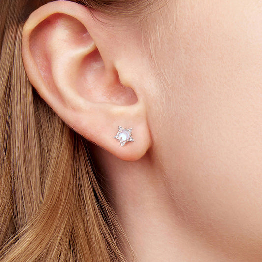 Silver Moonstone Moon & Star Stud Earrings