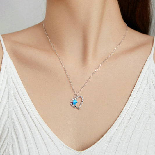 Silver Opal Cat Paw Heart Necklace