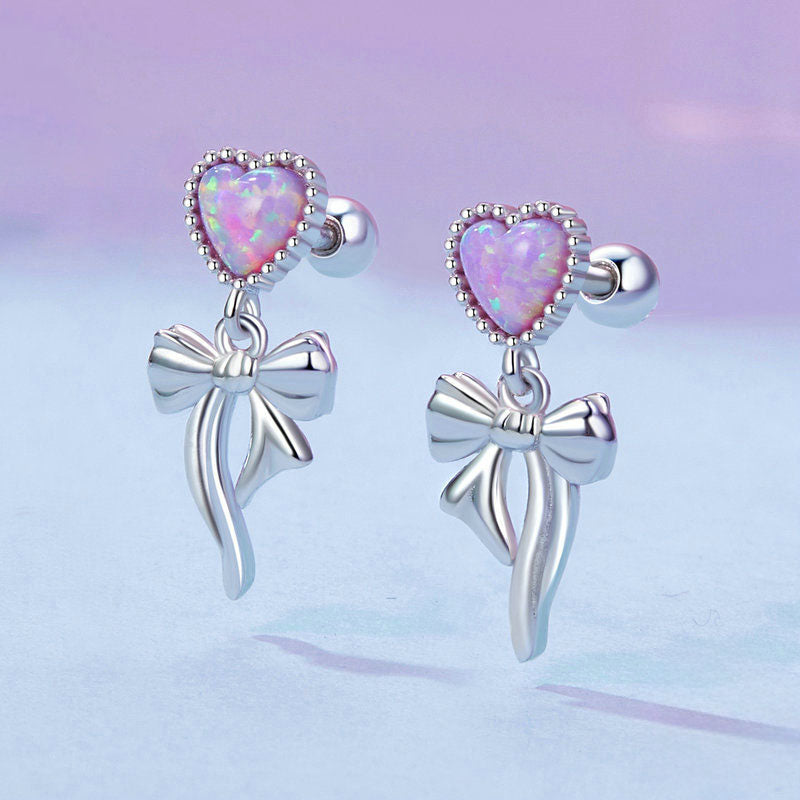Pink Opal Heart Bow Earrings