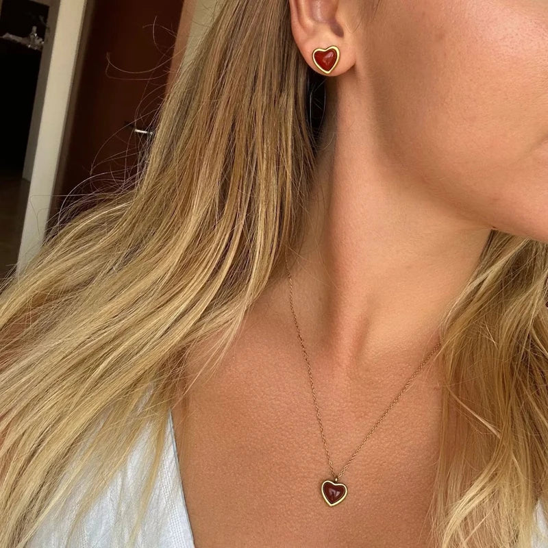 Forever Flame – Red Heart Agate Dainty Necklace + Earrings Set