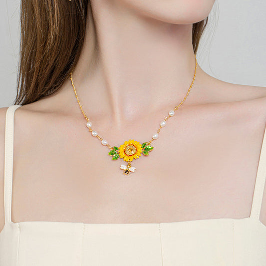 Sunflower Pendant Necklace With Pearls