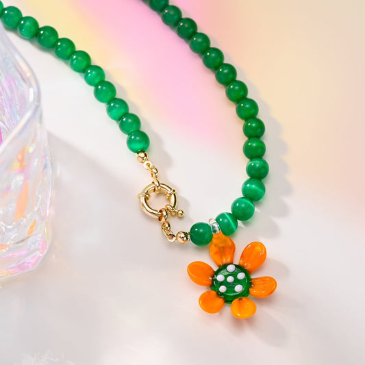 Daisy Flower Cat Eye Stone Beaded Necklace