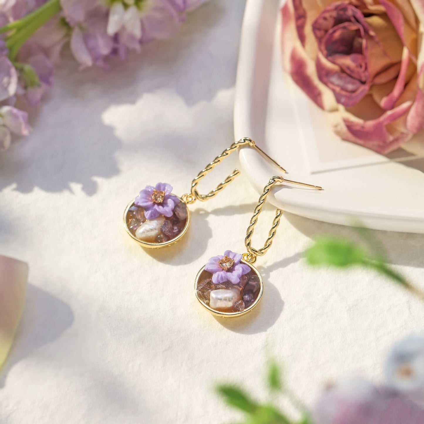 Purple Flower Pearl Earrings
