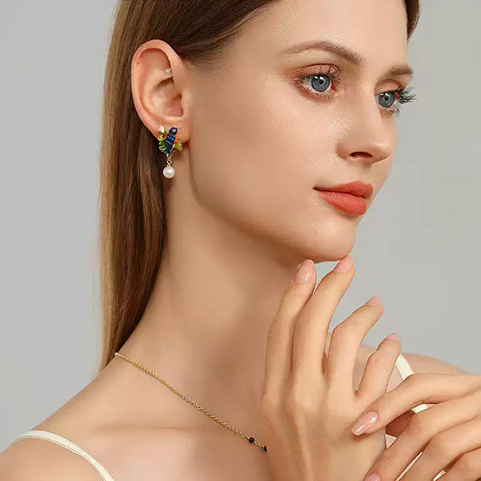 Lotus Kingfisher Pearl Earrings