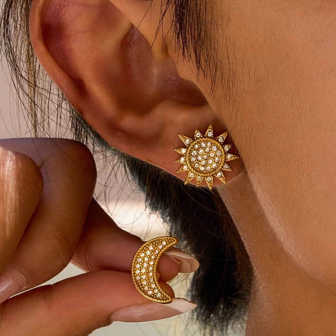Sun and Moon Stud Earrings with Crystals