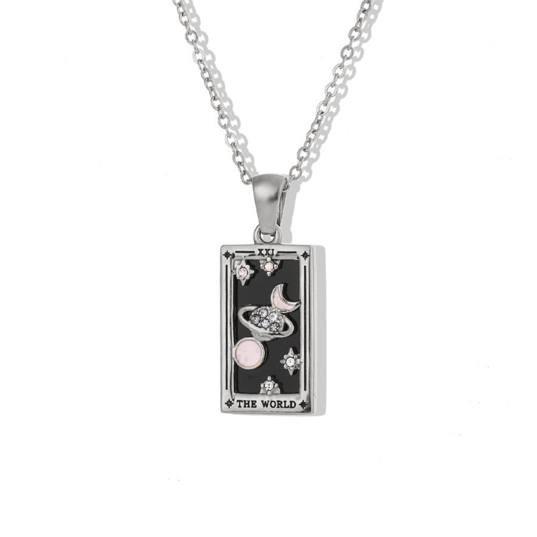 The World - Tarot card Dainty 18k Necklace with Black Enamel