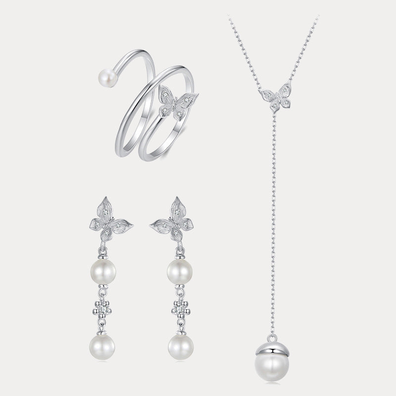 Silver Butterfly Pearl Y Necklace