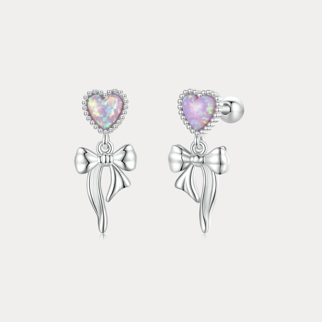 Pink Opal Heart Bow Earrings