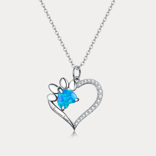 Silver Opal Cat Paw Heart Necklace