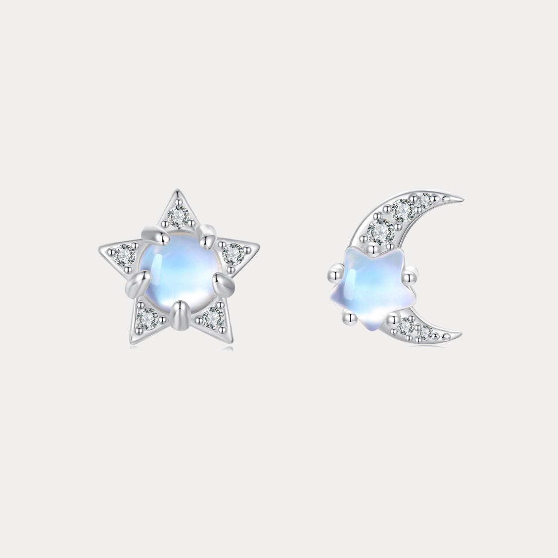 Silver Moonstone Moon & Star Stud Earrings