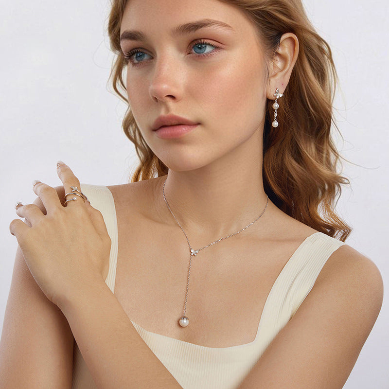 Silver Butterfly Pearl Y Necklace
