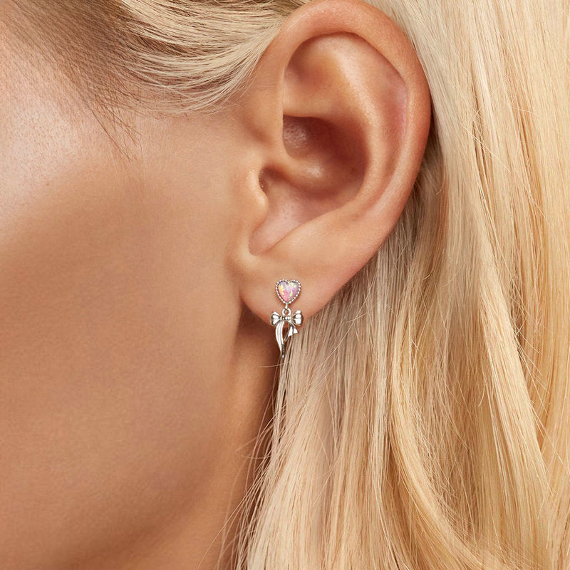 Pink Opal Heart Bow Earrings