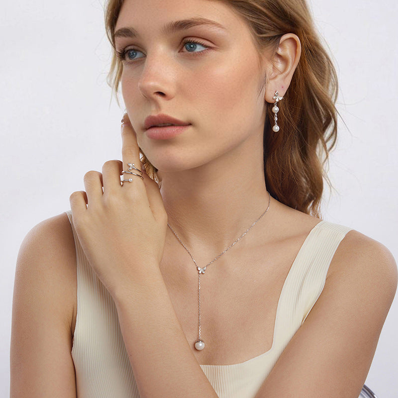 Silver Butterfly Pearl Drop Earrings