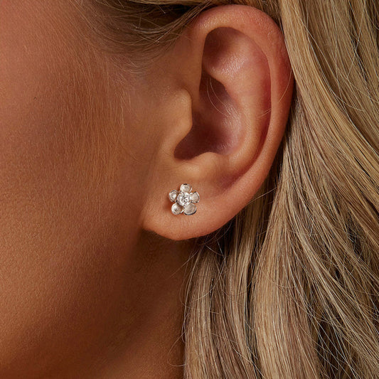Silver Moissanite Flower Stud Earrings