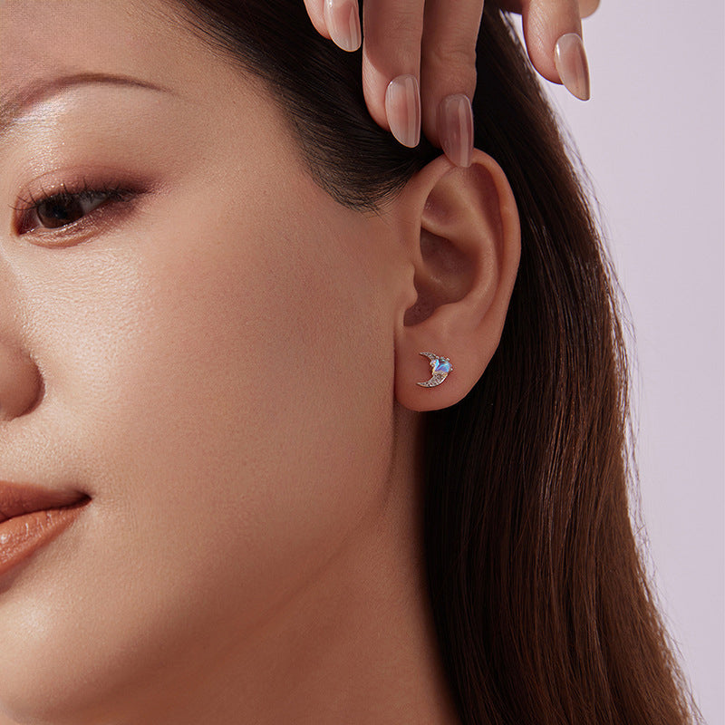 Silver Moonstone Moon & Star Stud Earrings