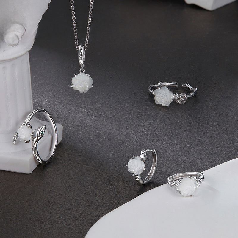 Silver White Rose Necklace