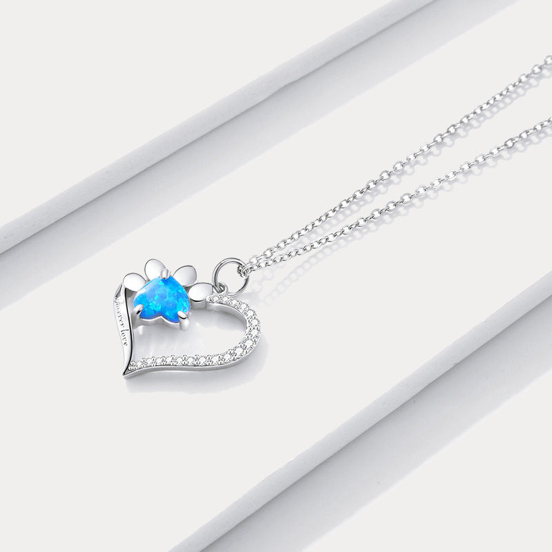 Silver Opal Cat Paw Heart Necklace