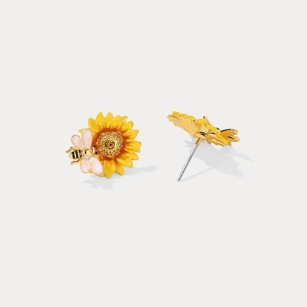 Sunflower & Bee Stud Earrings