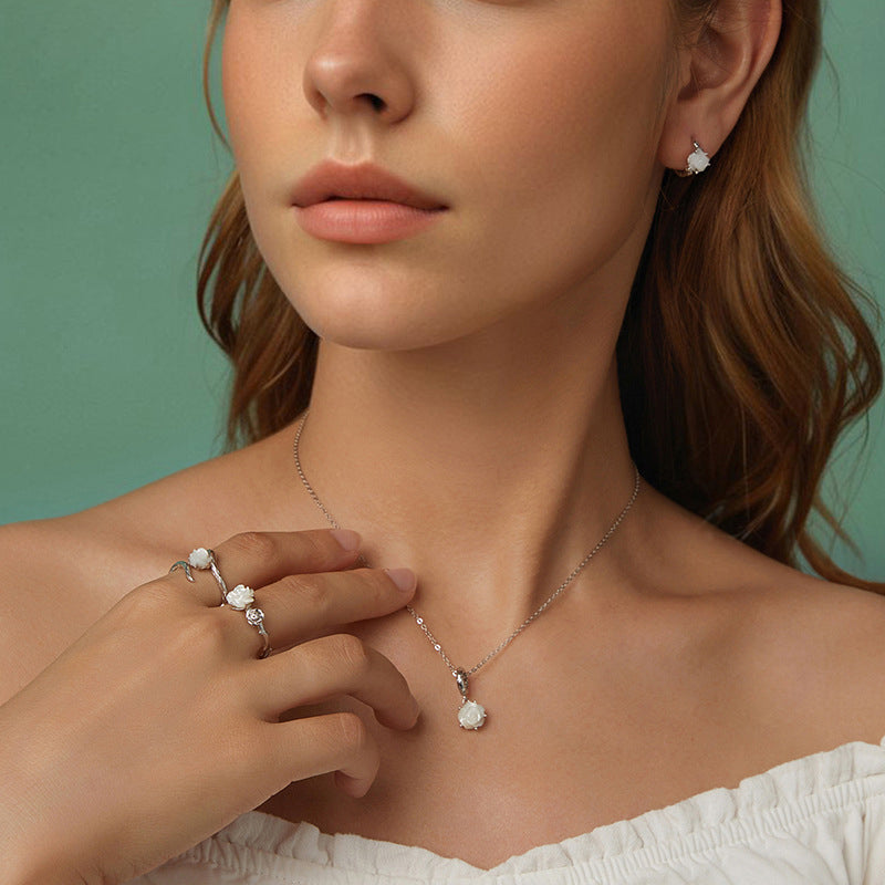 Silver White Rose Necklace