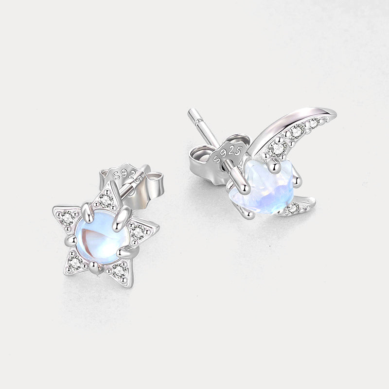 Silver Moonstone Moon & Star Stud Earrings