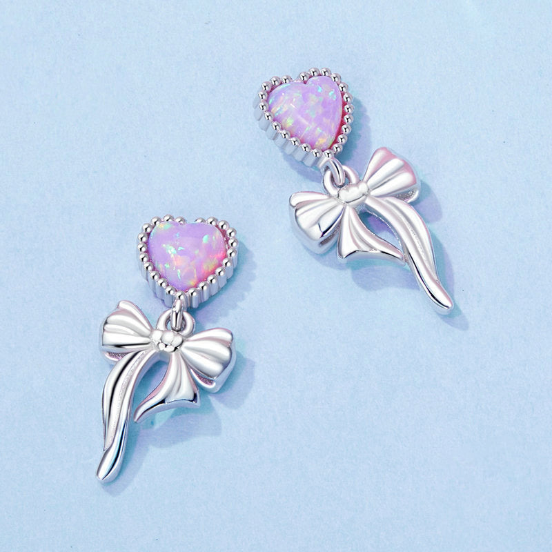 Pink Opal Heart Bow Earrings