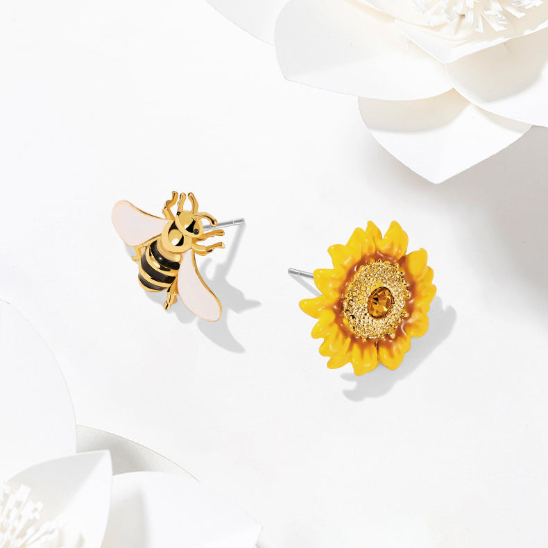 Sunflower & Bee Stud Earrings