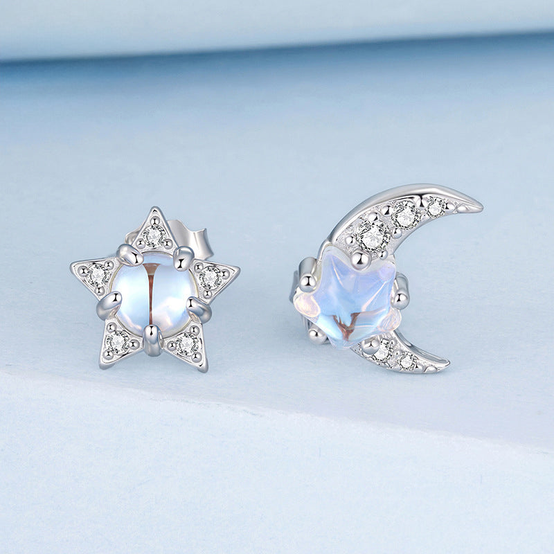 Silver Moonstone Moon & Star Stud Earrings