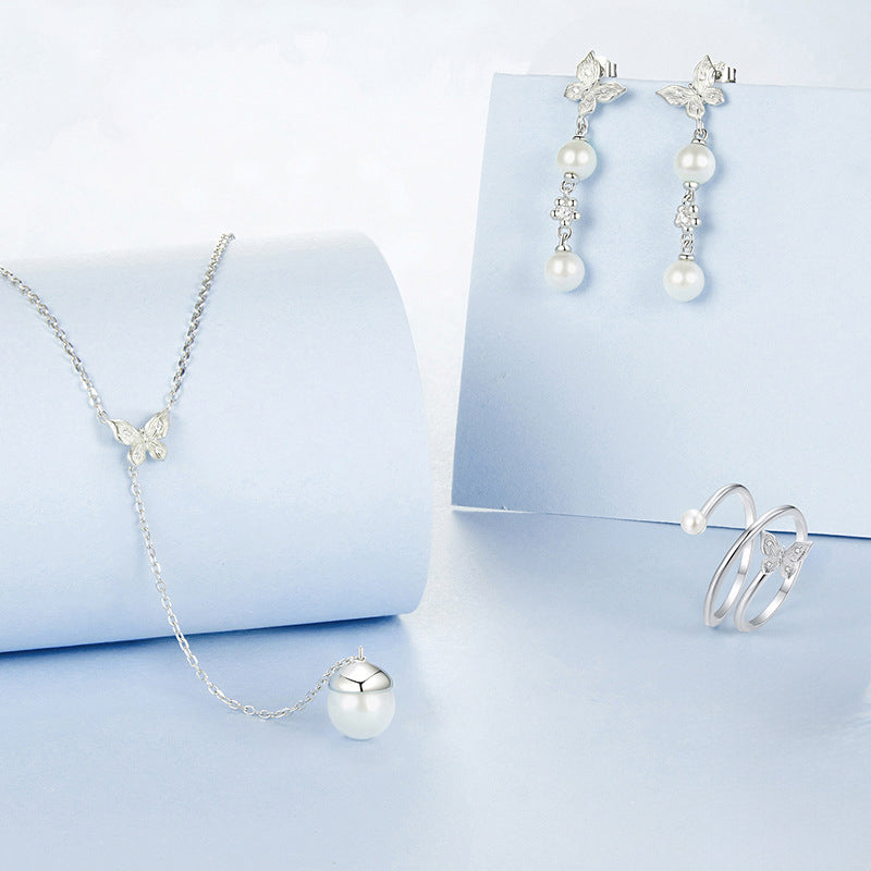 Silver Butterfly Pearl Y Necklace