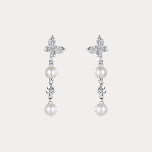 Silver Butterfly Pearl Drop Earrings