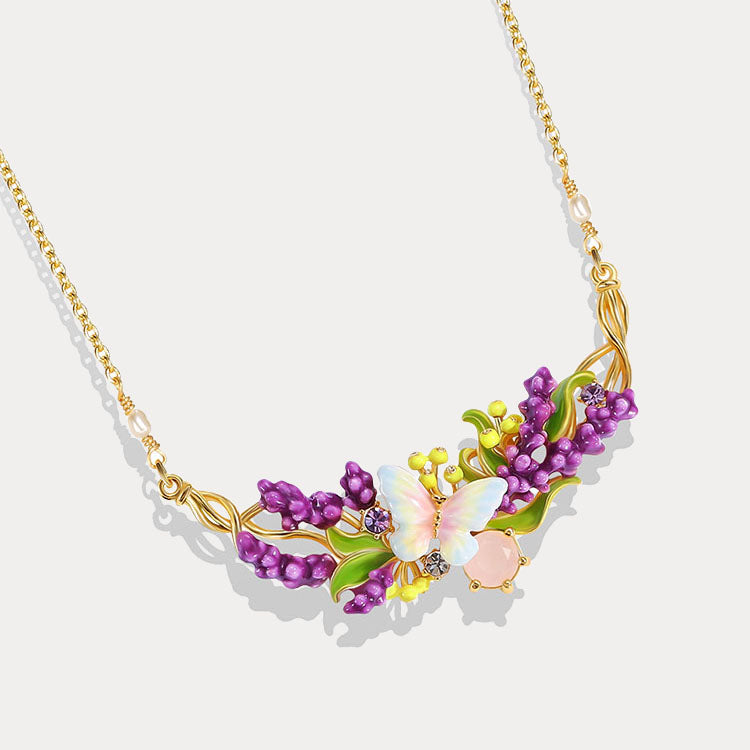 Lavender Butterfly Necklace with Pink Crystal