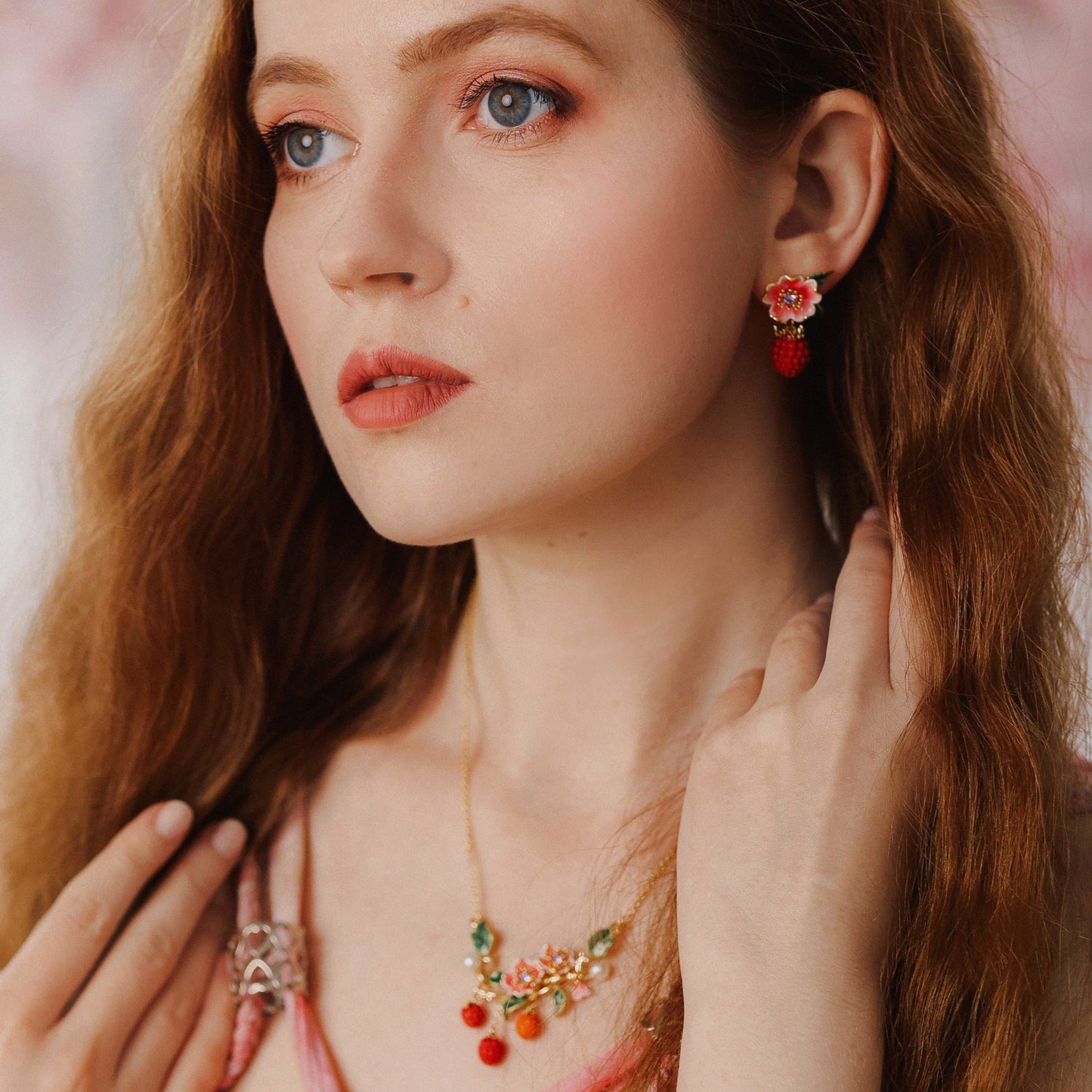 Raspberry Flower Enamel Earrings