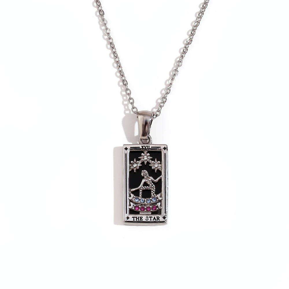 The Star - Silver Tarot card Dainty Necklace with Black Enamel