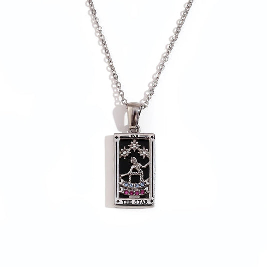 The Star - Silver Tarot card Dainty Necklace with Black Enamel