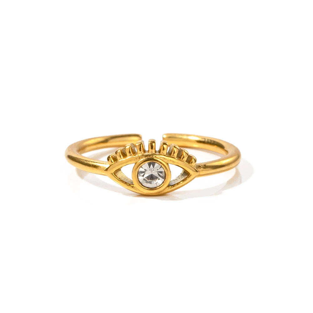 Evil Eye Gold Adjustable Ring with Crystal