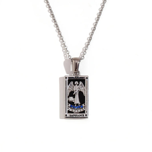 Temperance - Silver Tarot card Dainty Necklace with Black Enamel