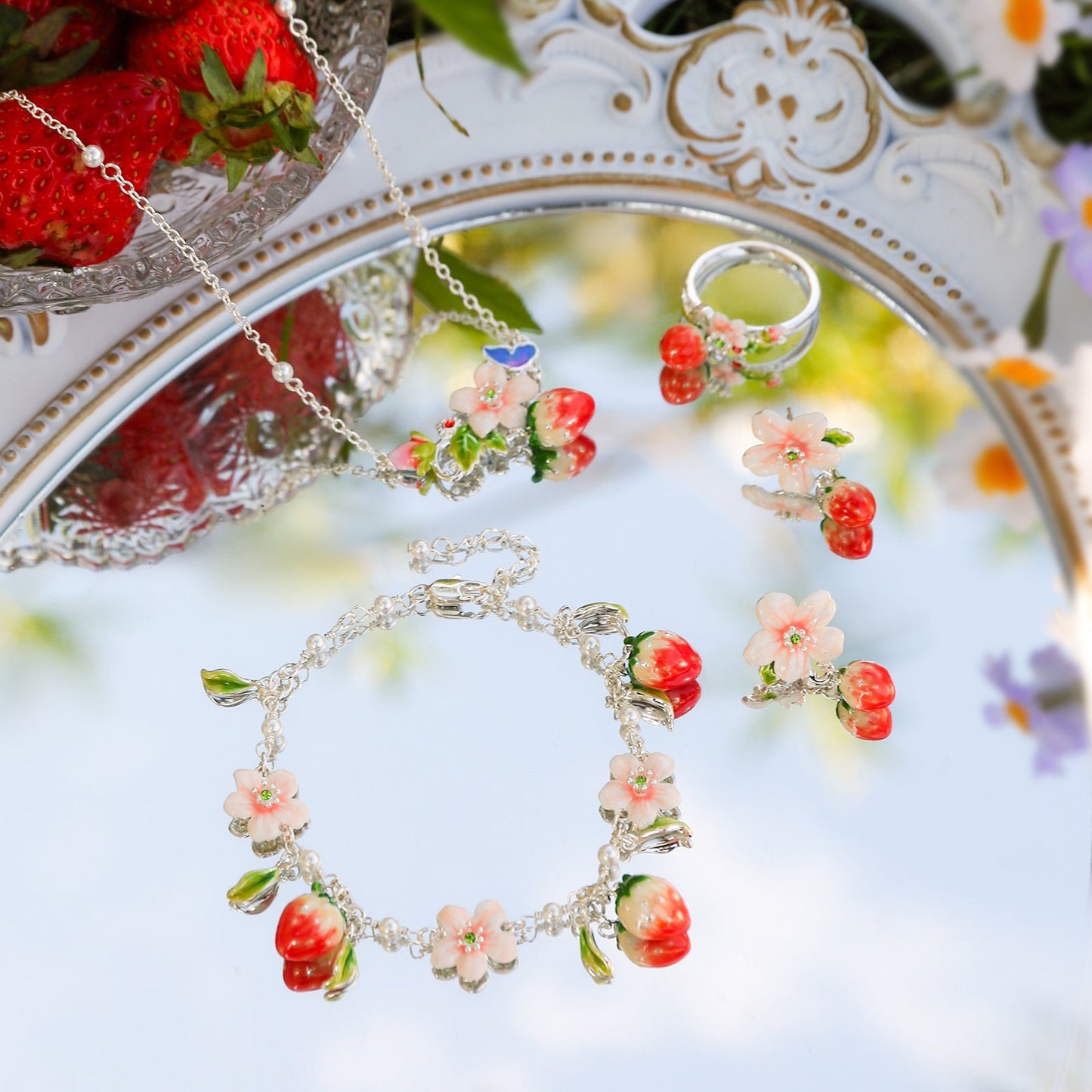 Strawberry Flower Silver Earrings
