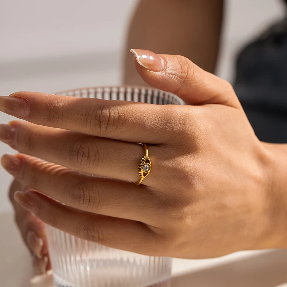 Evil Eye Gold Adjustable Ring with Crystal