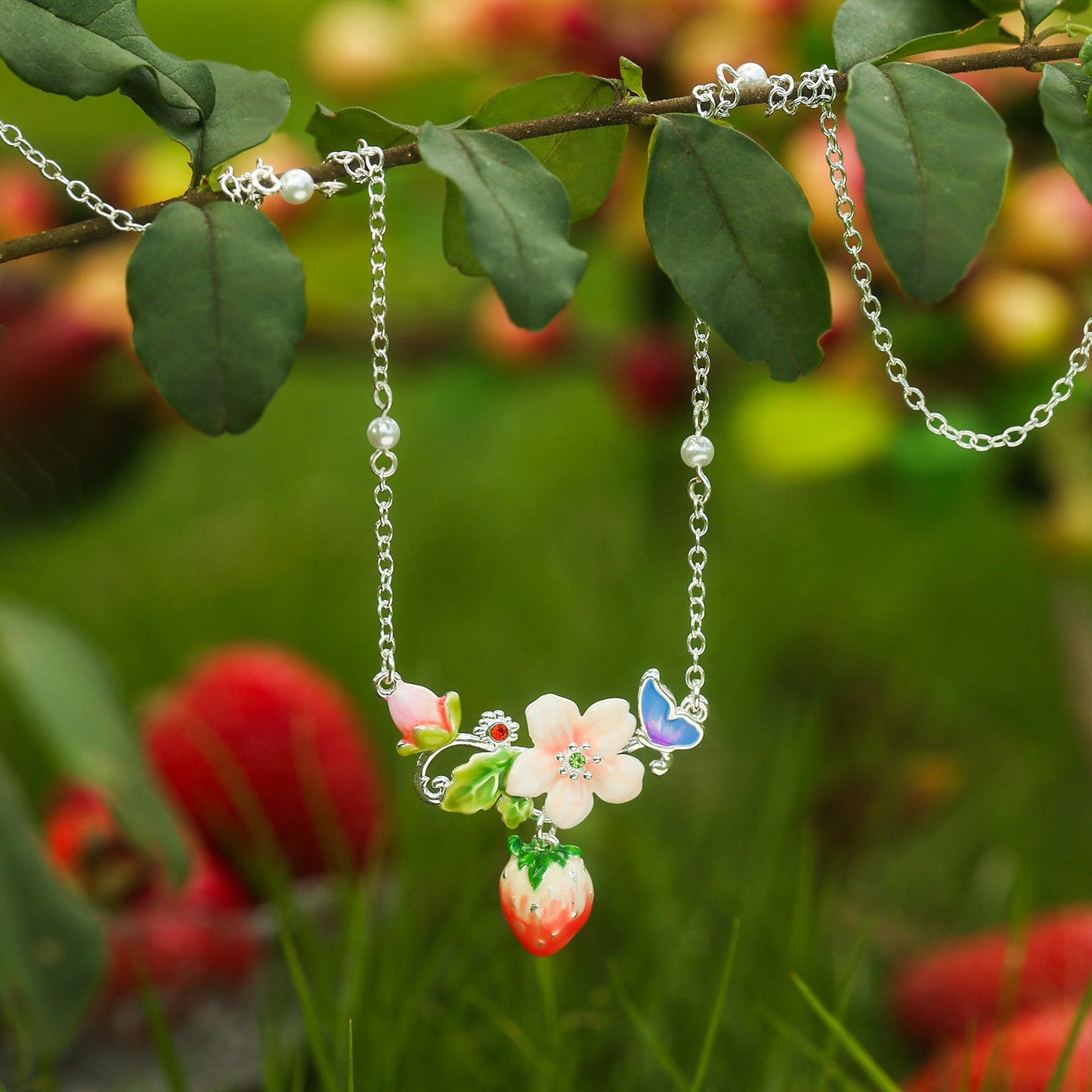 Strawberry Enamel Flower Silver Necklace