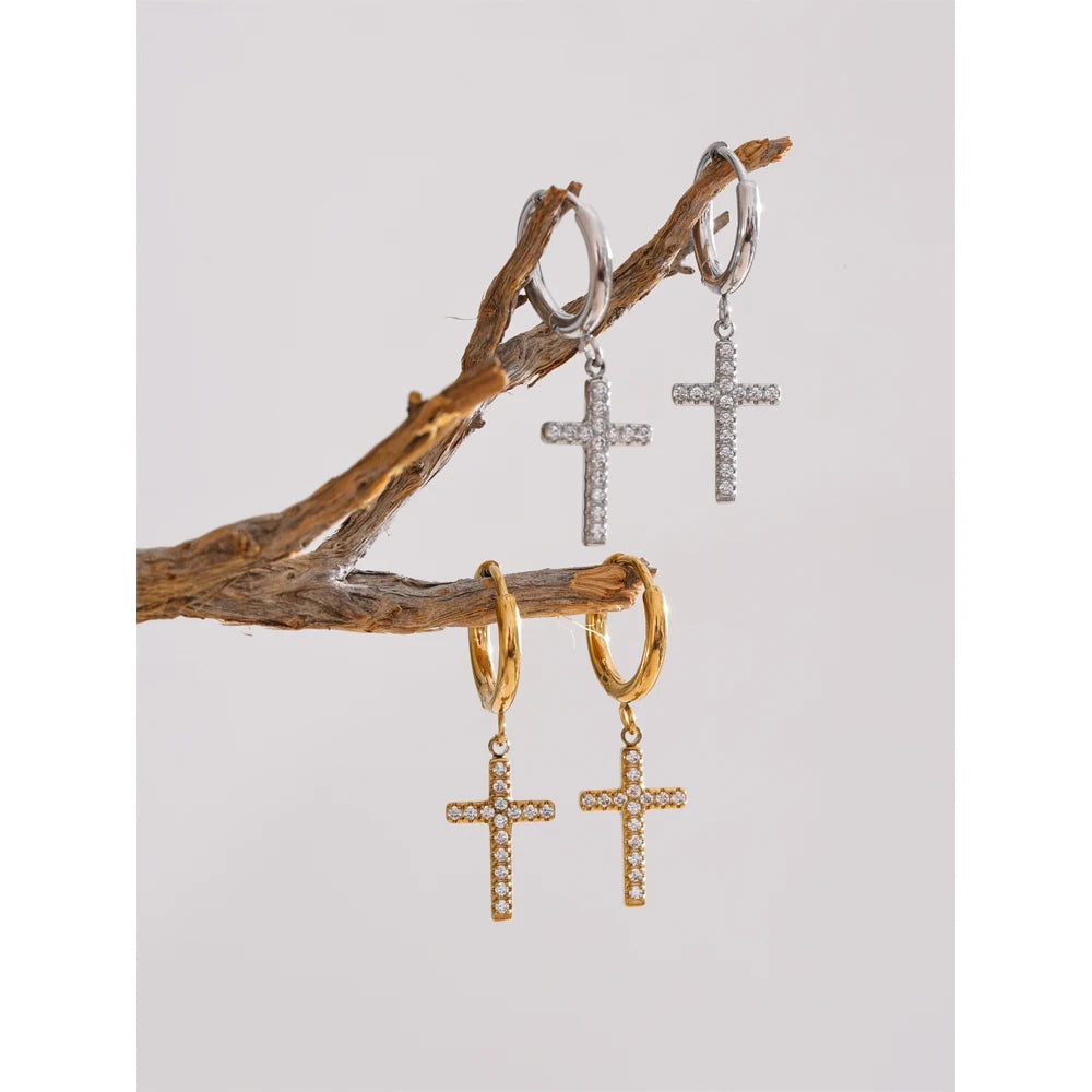 Dainty Cross Earrings Gold / Silver with Crystals