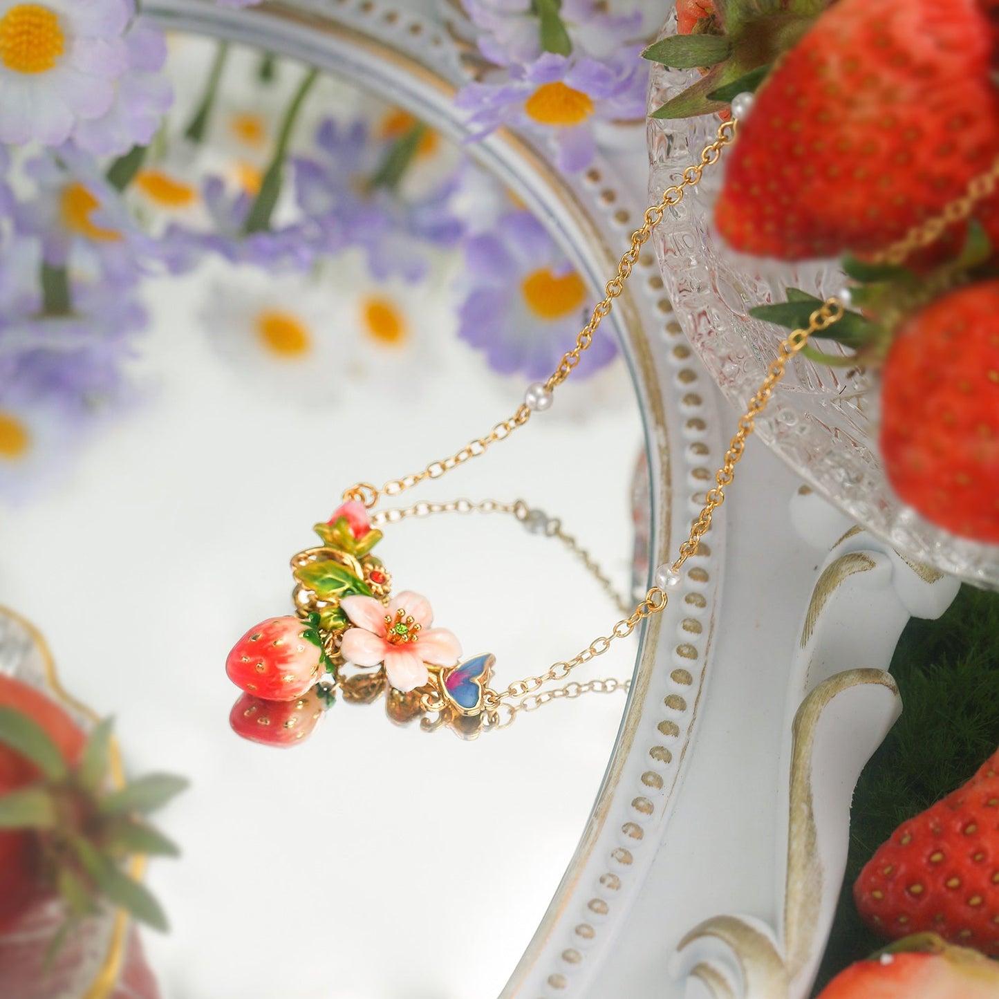 Strawberry Enamel Flower Necklace