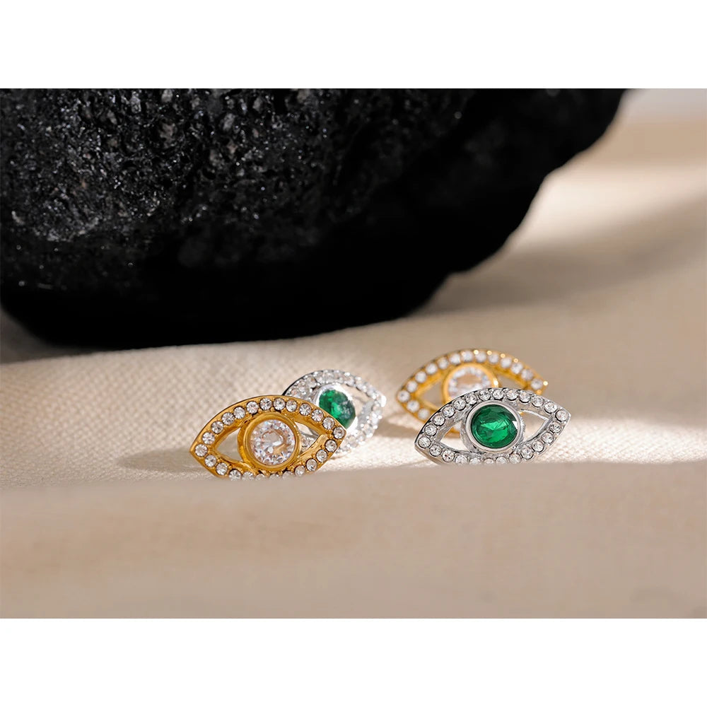 Protective Sparkle: Gold Evil Eye Stud Earrings with Crystals