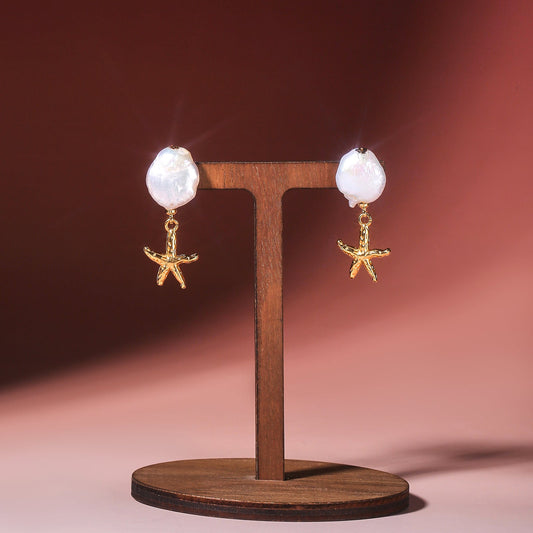 Gold Starfish Pearl Earrings