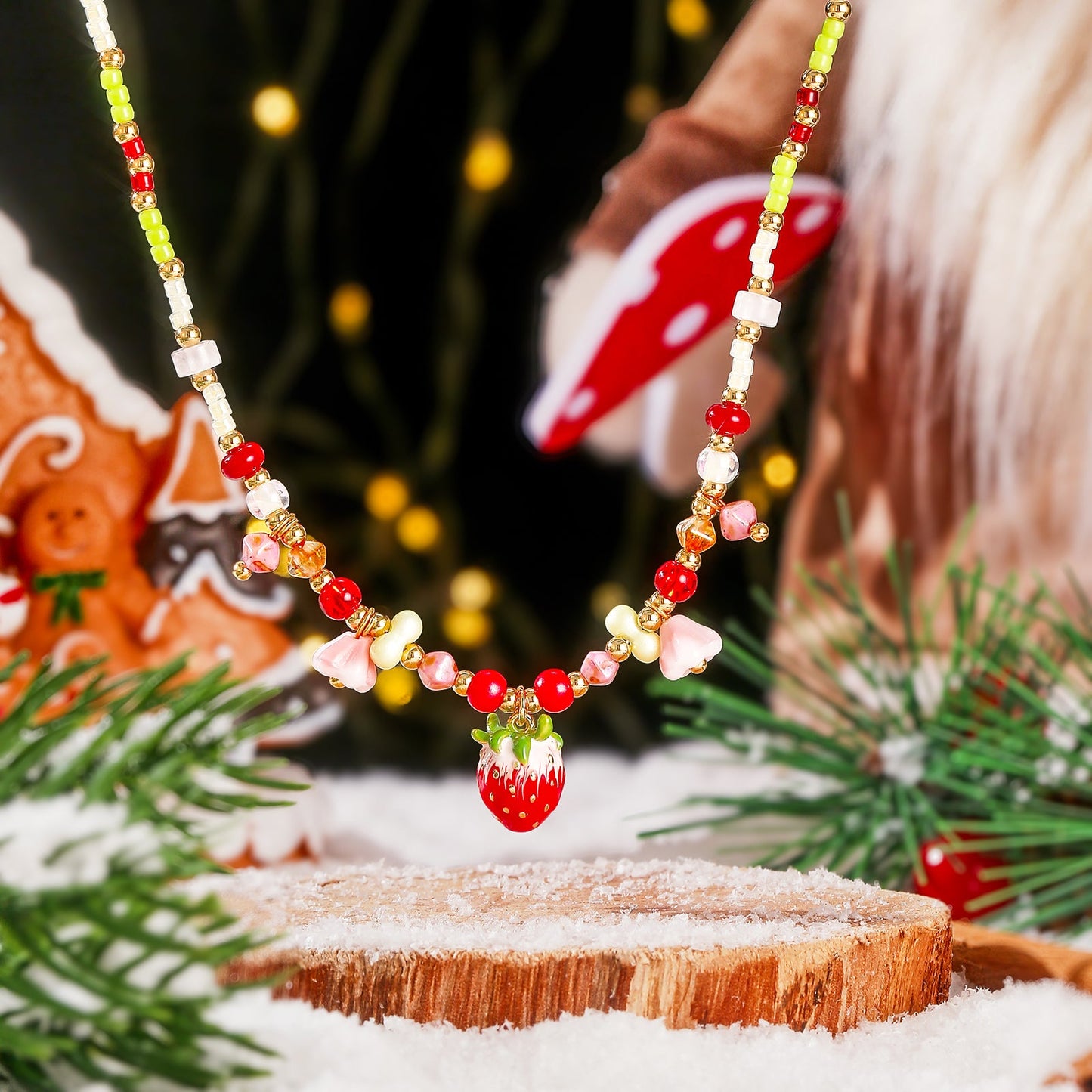 Czech Bead Strawberry Charm Necklace