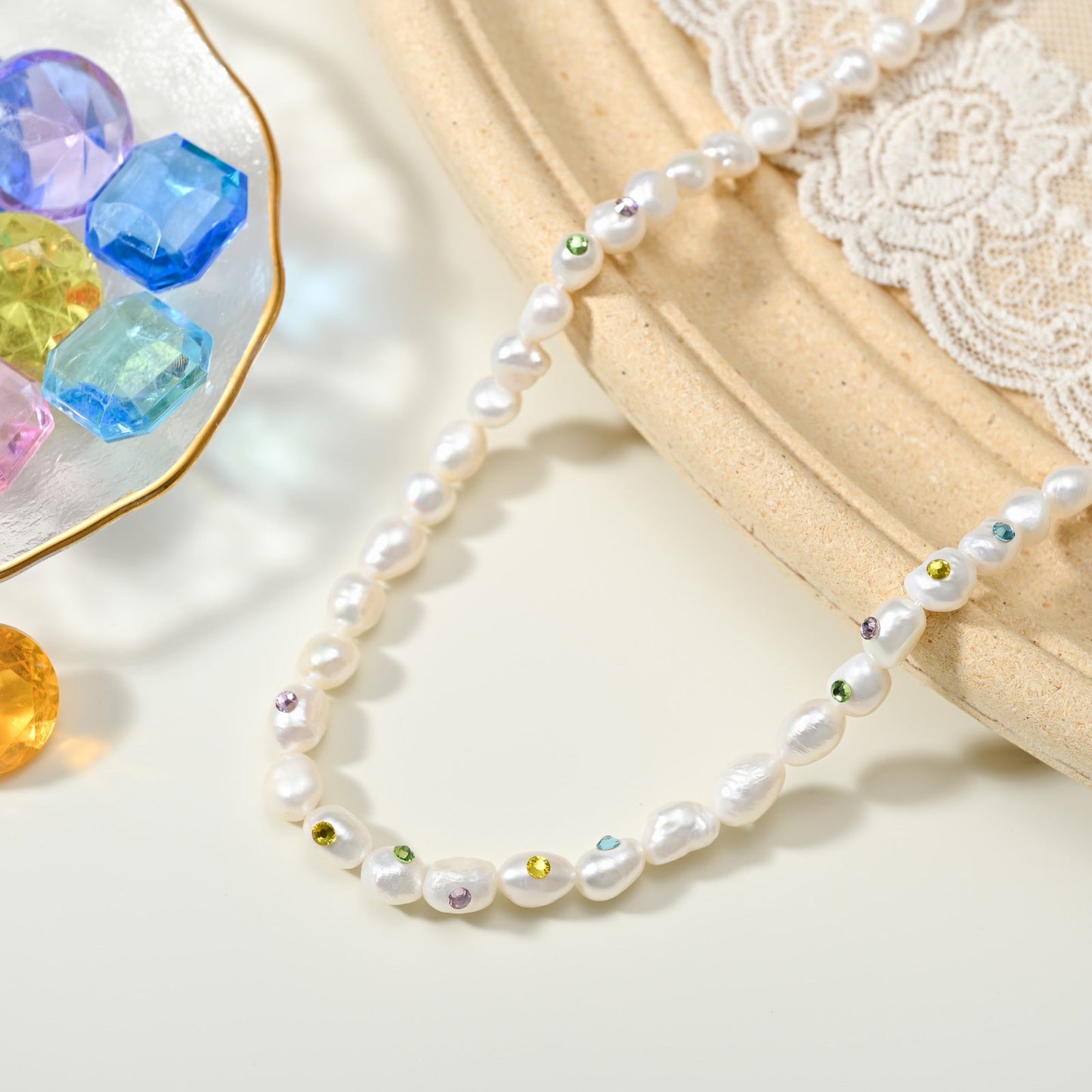 Rainbow Rhinestone Baroque Pearl Necklace