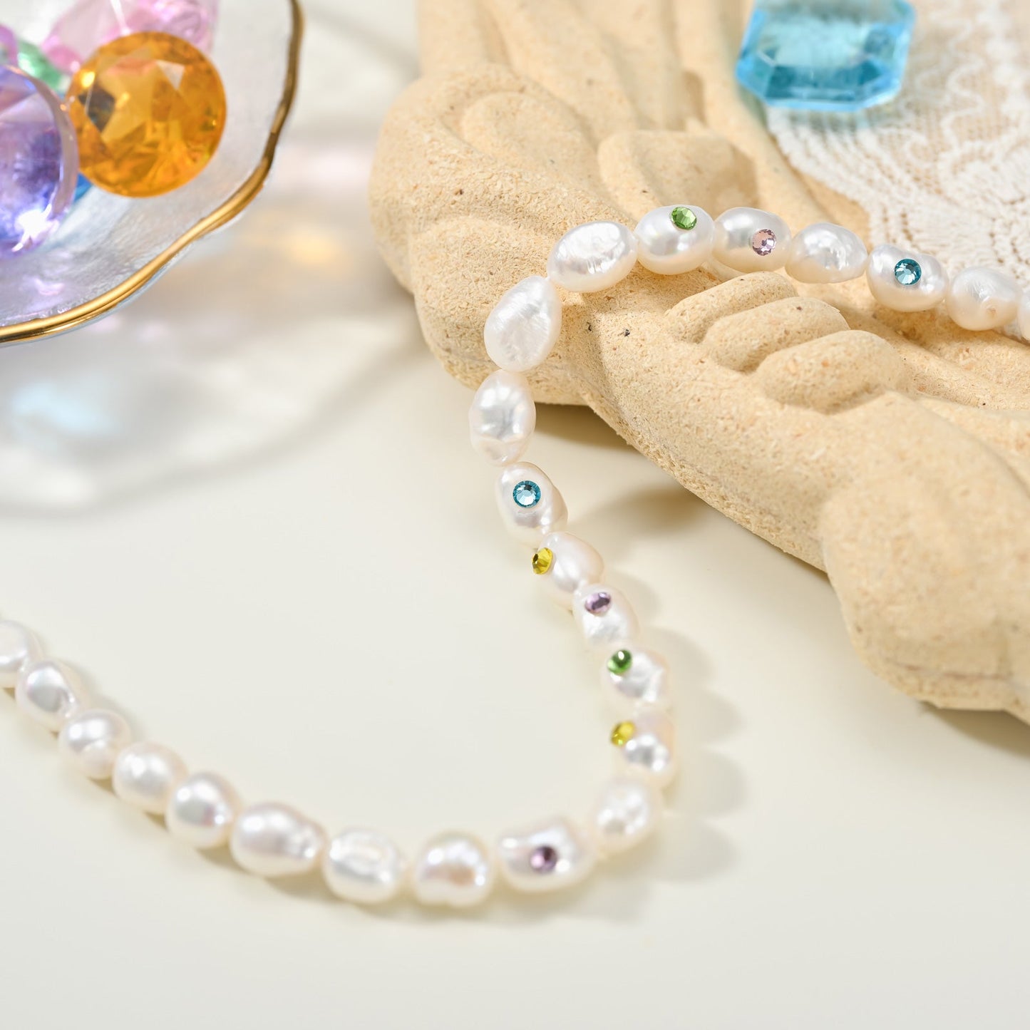 Rainbow Rhinestone Baroque Pearl Necklace