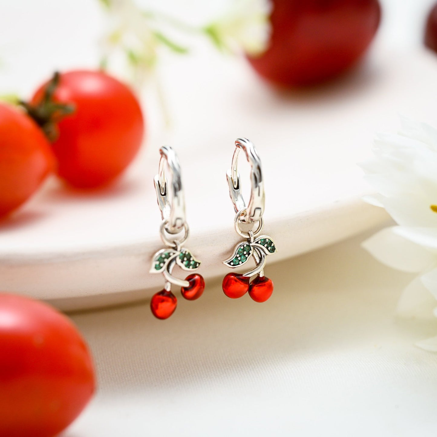 Silver Cherry Hoop Earrings