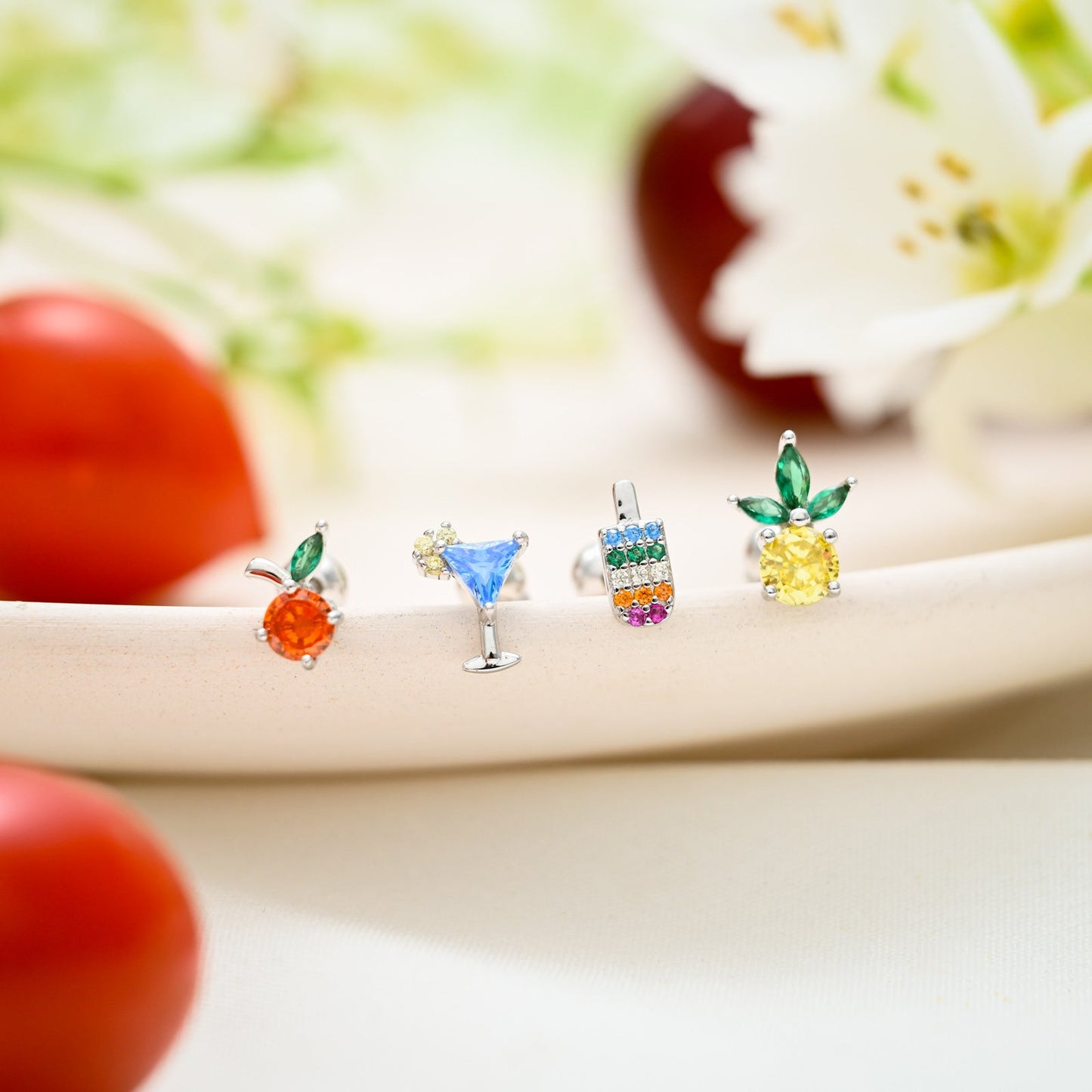 Silver Fruit Earrings Set