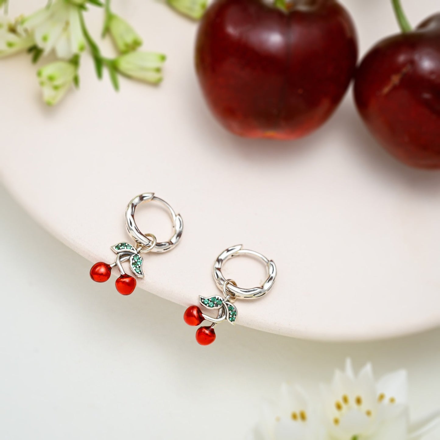 Silver Cherry Hoop Earrings