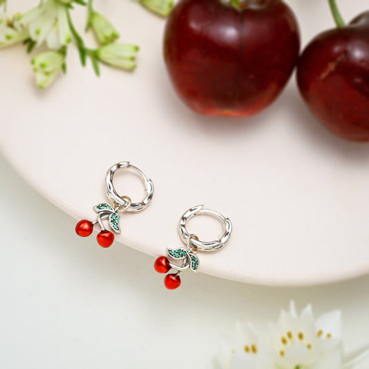 Silver Cherry Hoop Earrings
