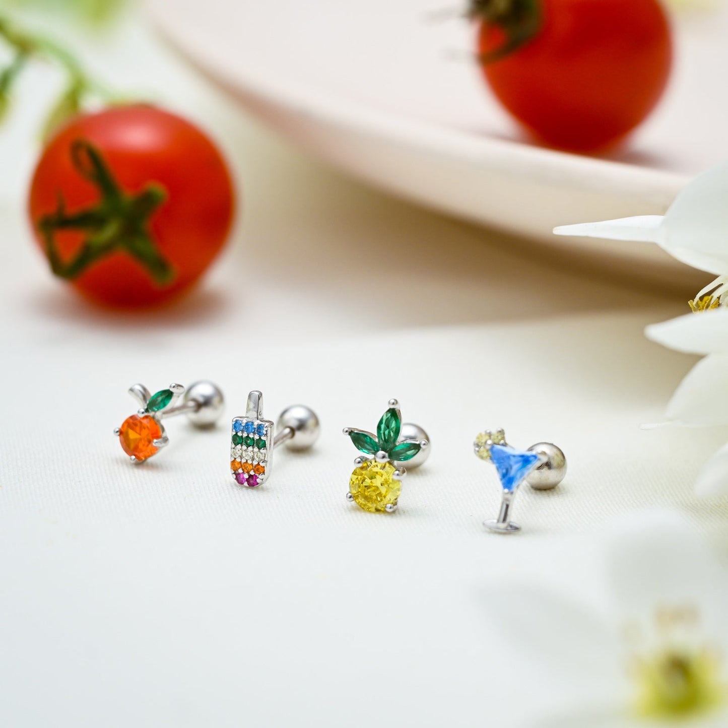 Silver Fruit Earrings Set